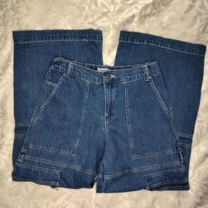 Forever 21 Womens Medium Mid-Blue Wide Leg Highrise Cargo Jeans